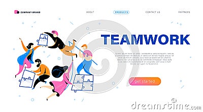 Web page design template with teamwork concept - simple abstract people putting puzzle pieces together. Vector Illustration