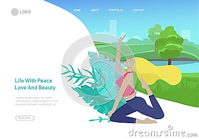 Web page design template with Man and woman meditate, sitting in yoga posture at home and at outdoor. Practice yoga Vector Illustration