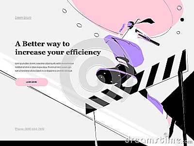 Web page design templates with a businessman jumping over the barrier with abaton in his hand. Business, office, work. Vector Illustration