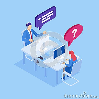 Web page design templates for call center support 24-7. Isometric 24 hours open customer service. Customer Service Vector Illustration