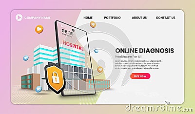 Web page design templates of Online diagnosis concept with hospital and mobile phone Vector Illustration