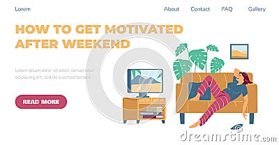 Web page with lazy young woman lying on couch and watching tv at home. Vector Illustration