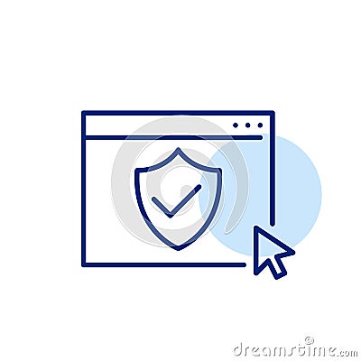 Web page, shield and checkmark and click. Safe internet access, verified and secure action. Pixel perfect Vector Illustration