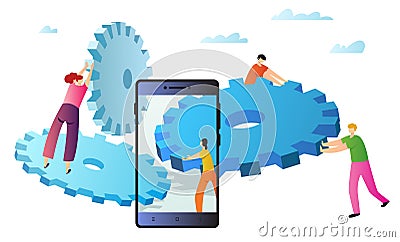 Web page template with service manager push gears. Concept for mobile app Vector Illustration