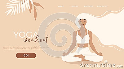 Web page template for yoga school, studio. Modern design for a website. Woman doing a yoga exercise, yoga pose in pastel colours Vector Illustration