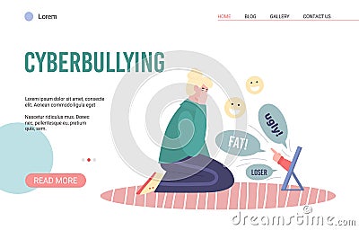 Web page with upset girl suffering from cyberbullying and abuse in internet. Vector Illustration