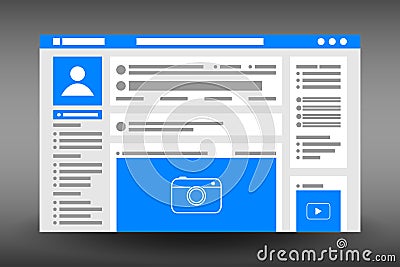 Web page user interface template. Social network website browser window. UI design in flat style. Vector. Vector Illustration