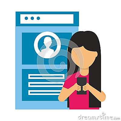 Web page and young woman and smartphone Vector Illustration