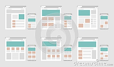 Web pages wireframe layout illustration set / Web design template for PC browser , smartphone Vector Illustration
