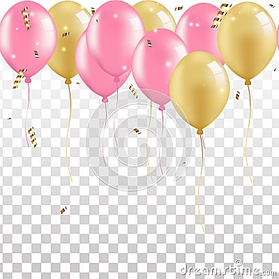 Party background with balloons of pink and gold color with streamers ribbons and confetti, isolated vector illustration. Vector Illustration