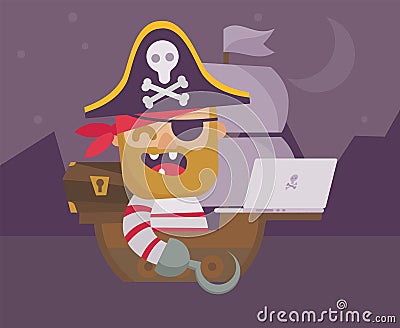 Web pirate with laptop. ?opyright infringement concept. Flat design cartoon style. Vector illustration Vector Illustration