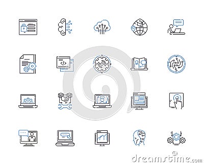 Web programming outline icons collection. Web, programming, HTML, CSS, JavaScript, AJAX, XML vector and illustration Vector Illustration
