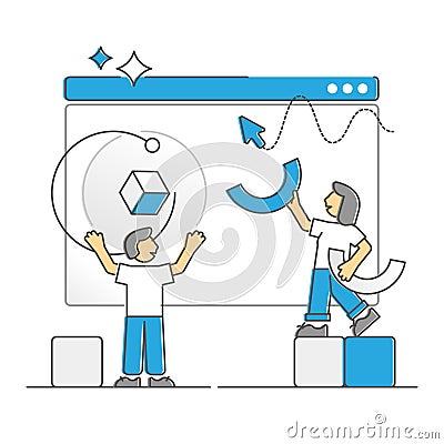 Web project management with work process control monocolor outline concept Vector Illustration