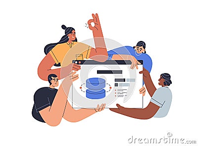 Web project presentation concept. Business team, developers and designers presenting website interface design, digital Vector Illustration