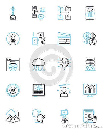 Web promotion linear icons set. SEO, Content, Social, Marketing, Analytics, PPC, Keywords line vector and concept signs Vector Illustration