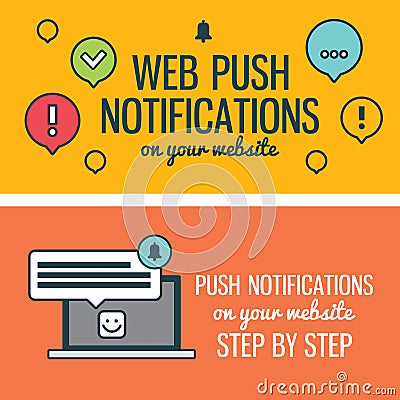 Web push notifications for your website with elements linear icons laptop. Banners. Vector Illustration