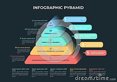 Pyramid 3D info chart graphic for business design. Reports, step presentations in cone shape with icons and description beneath. - Vector Illustration