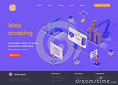 Web scraping isometric landing page. Vector Illustration
