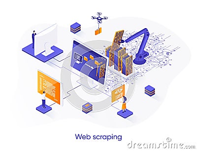 Web scraping isometric web banner. Data extraction software isometry concept. Process of automatic collecting and parsing raw data Cartoon Illustration