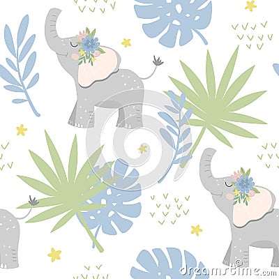 Seamless childish pattern with baby elephants Vector Illustration