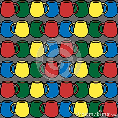 Seamless pattern with colorful cups with hot drinks on grey background. Vector Illustration