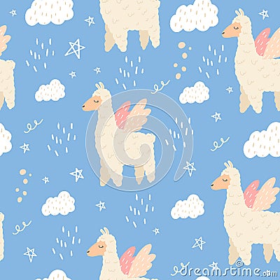 Seamless pattern with a cute llama with wings. Vector Illustration