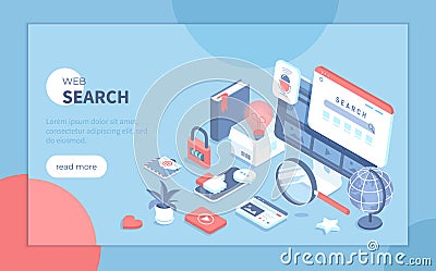 Web search engine. Search page on the monitor screen, voice searching, result elements. Isometric vector illustration Vector Illustration