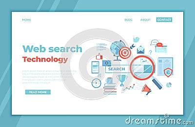 Web search technology, Search engine, SEO, Data finding. Search bar with result elements. landing page template or web banner, inf Vector Illustration