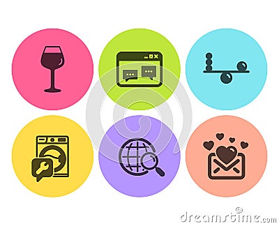 Web search, Washing machine and Browser window icons set. Bordeaux glass, Balance and Love mail signs. Vector Vector Illustration