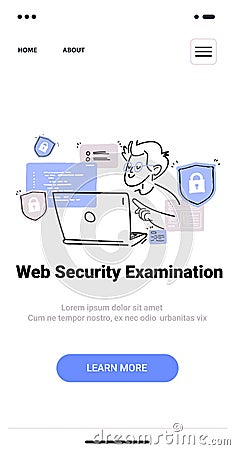 Web security examination concept with person using laptop surrounded by security icons and code elements in minimalist Vector Illustration