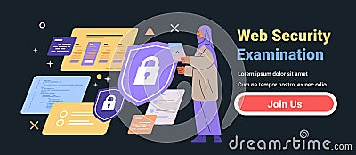 Web security examination concept with woman holding tablet surrounded by floating security shields and code snippets Vector Illustration