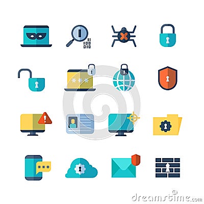 Web security, virus protection, bug checkups vector flat icons Vector Illustration