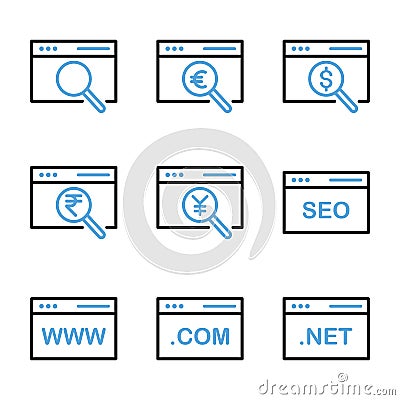 Web and seo icon set include seo, search, magnifier, web, euro, dollar, rupee, yen, optimization, browser, link, browsing, data Vector Illustration