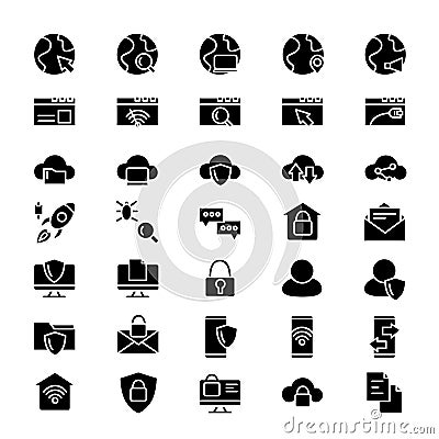 Web services glyph icons. Internet browsing, mobile security and data transfer flat vector illustrations Vector Illustration