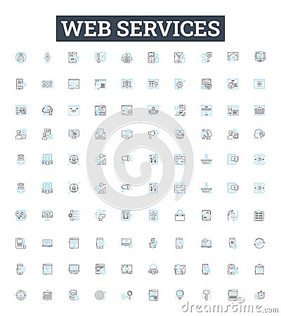 Web services vector line icons set. Web, services, API, REST, SOAP, applications, XML illustration outline concept Vector Illustration