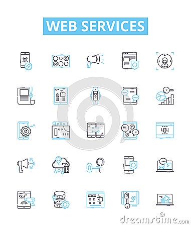 Web services vector line icons set. Web, services, API, REST, SOAP, applications, XML illustration outline concept Vector Illustration