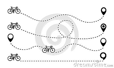 Set of bicycle route from start and finish. Way with point to point. Map with ciclist route. Stock Photo