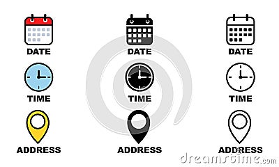 Set of date, time and address vector icons. Calendar, clock and pin icon. Vector Illustration