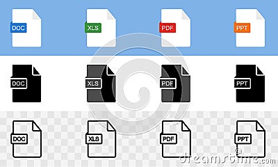 Set of document format doc, pdf, ppt and xls vector icons. Vector Illustration