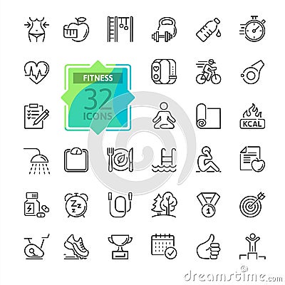 Web Set of Fittness Vector Thin Line Icons. Contains such Icons as Healthy Lifestyle, Weight Training, Body care and more. Vector Illustration