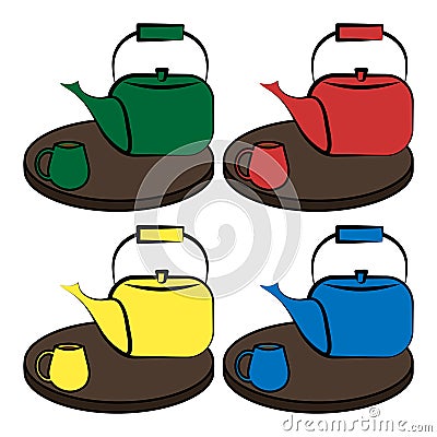 Set of four color teapots and cups on wooden trays Vector Illustration