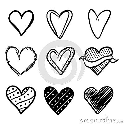 Set of nine hand drawn heart. Handdrawn rough marker hearts isolated on white background. Vector Illustration