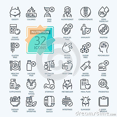 Web Set of Nutrition, Healthy food and Detox Diet Vector Thin Line Icons. Contains such Icons as Obesity, Caunt Calories, Palm oil Vector Illustration