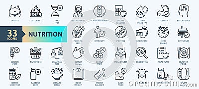 Web Set of Nutrition, Healthy food and Detox Diet Vector Thin Line Icons. Contains such Icons as Obesity, Caunt Calories, Palm oil Vector Illustration