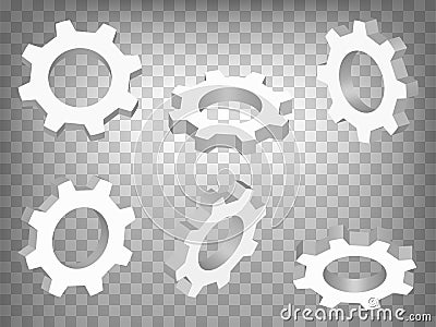 Set of perspective projections 3d gears model icons on transparent background. 3d gear. Abstract concept of graphic elements for Vector Illustration