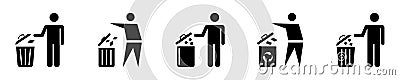 Set of trash and man vector icons. Throw garbage. Tidy man. Symbol keep clean. Stock Photo