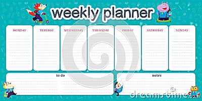 Set of weekly planner page design template for children calendar. Vector Illustration