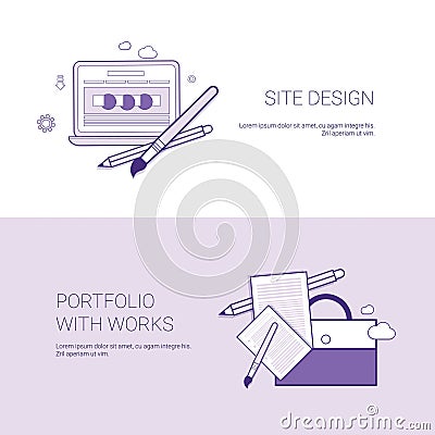 Web Site Design And Portfolio With Works Template Banner With Copy Space Vector Illustration