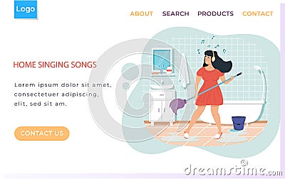 Web site with home singing songs. Girl with headphones washes floor. Woman plays mop like guitar Vector Illustration
