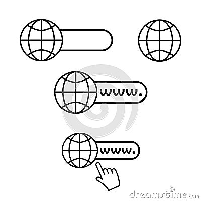 Web site icons set. Internet browser bar, globe, computer mouse arrow. Vector isolated. Black signs on a white background. WWW Vector Illustration